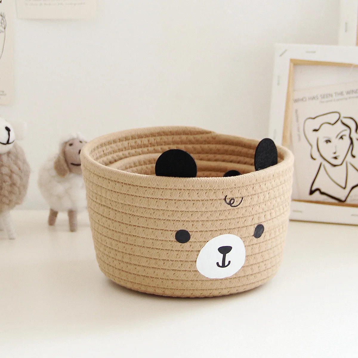 panier rangement tissu motif ours décoratif chambre enfant petit coffre bois blanc