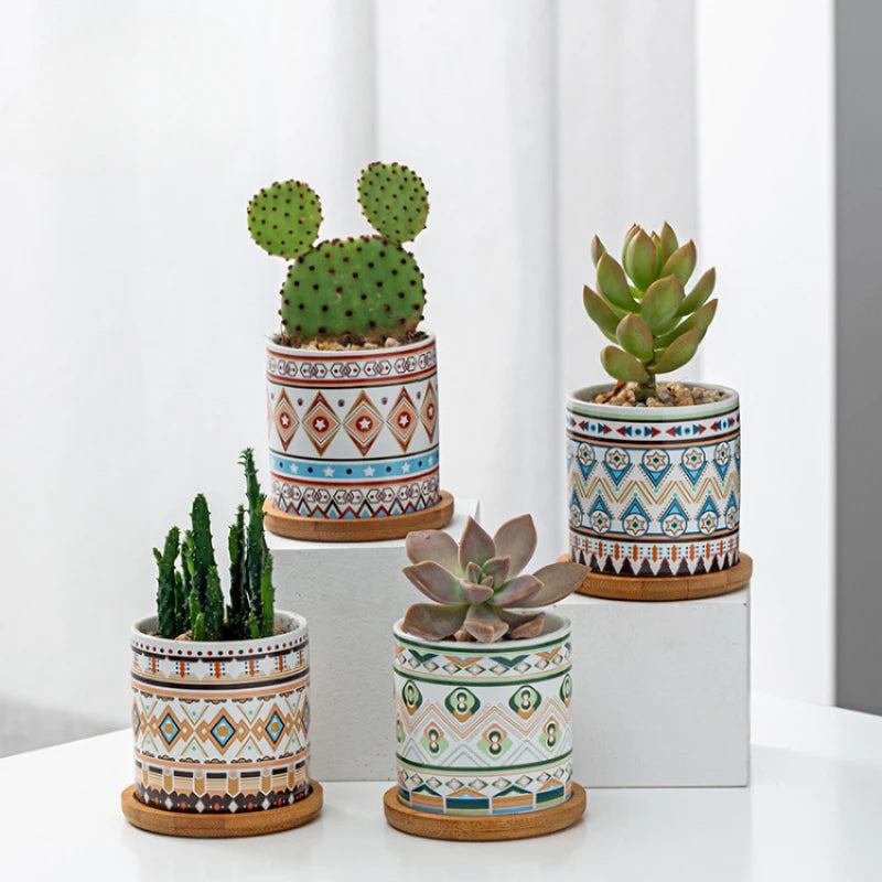pots fleurs céramique géométrique triangles étoiles ethnique décoratif blanc bleu vert marron