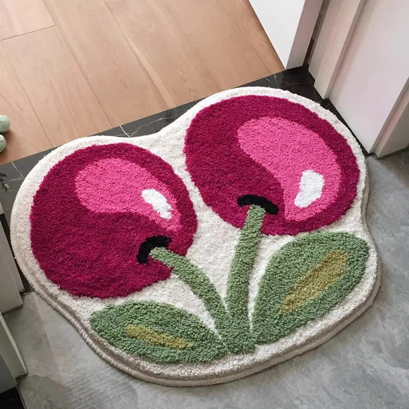 tapis moderne motif feuilles cerises vertes blanches douces décoration intérieure résistant lavable chambre salon
