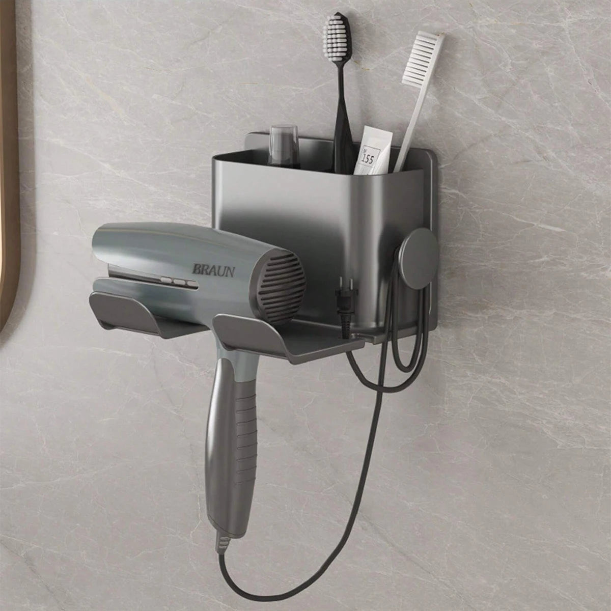 porte sèche cheveux adhésif moderne gris métallisé salle bain rangement brosse gobelet téléphone