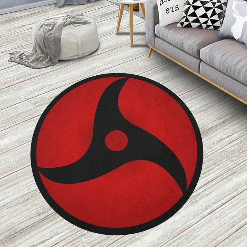 tapis rond naruto symbole trois lobes rouge noir moderne chambre adolescente 80cm 100cm 120cm