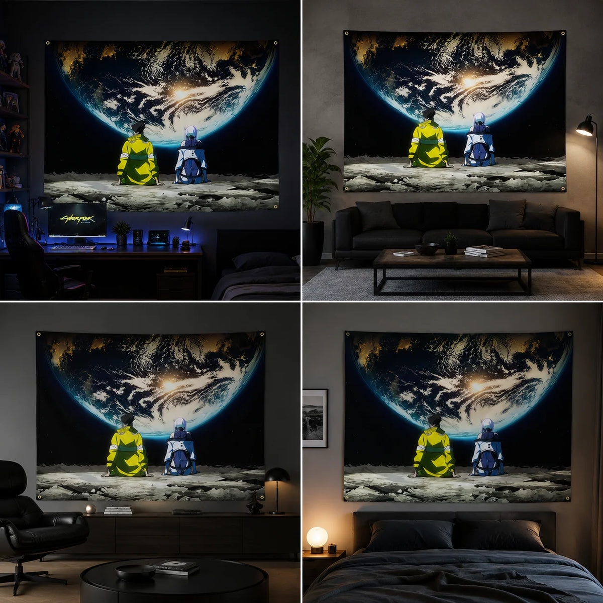 tapisserie cyberpunk astronautes lune terre moderne bleu jaune noir blanc décoration mur