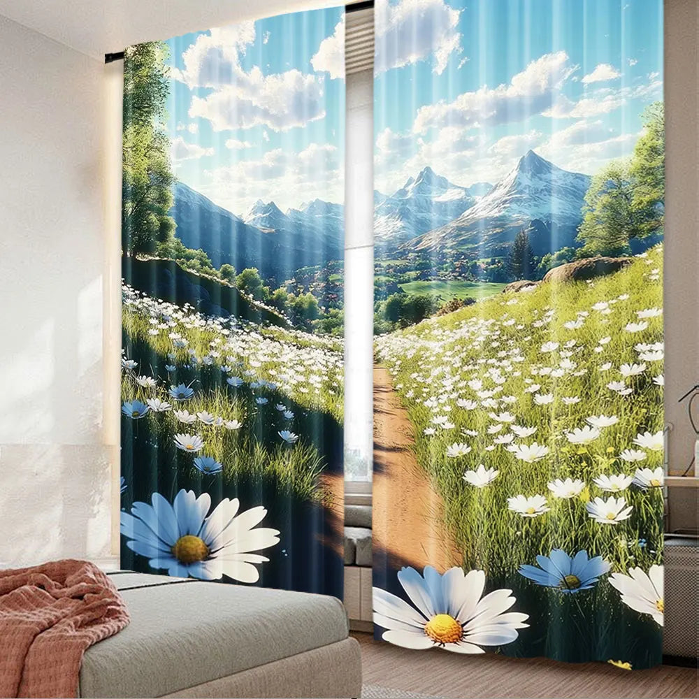 rideau pastoral opacité bleu blanc vert gris pièces 100% polyester paysage marguerites nuages herbe