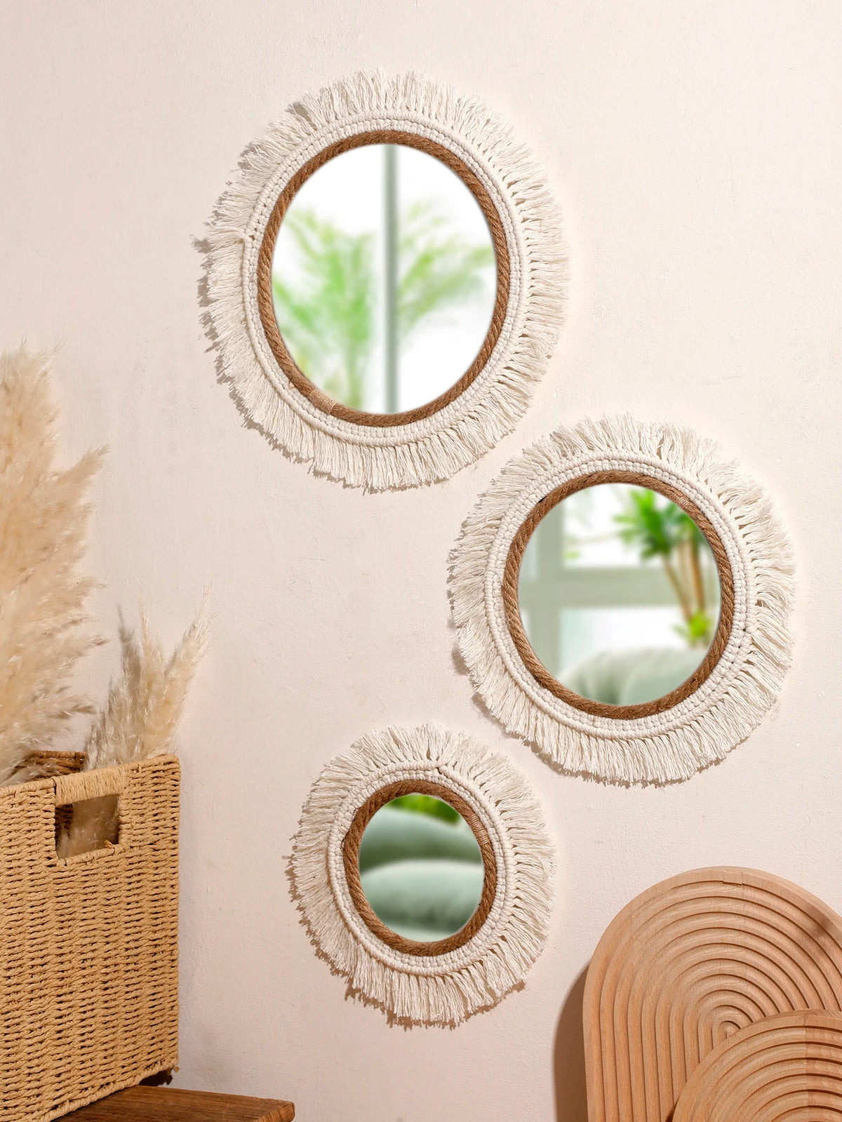 miroir boho macramé franges chambre salon décoration murale artisanale blanc beige