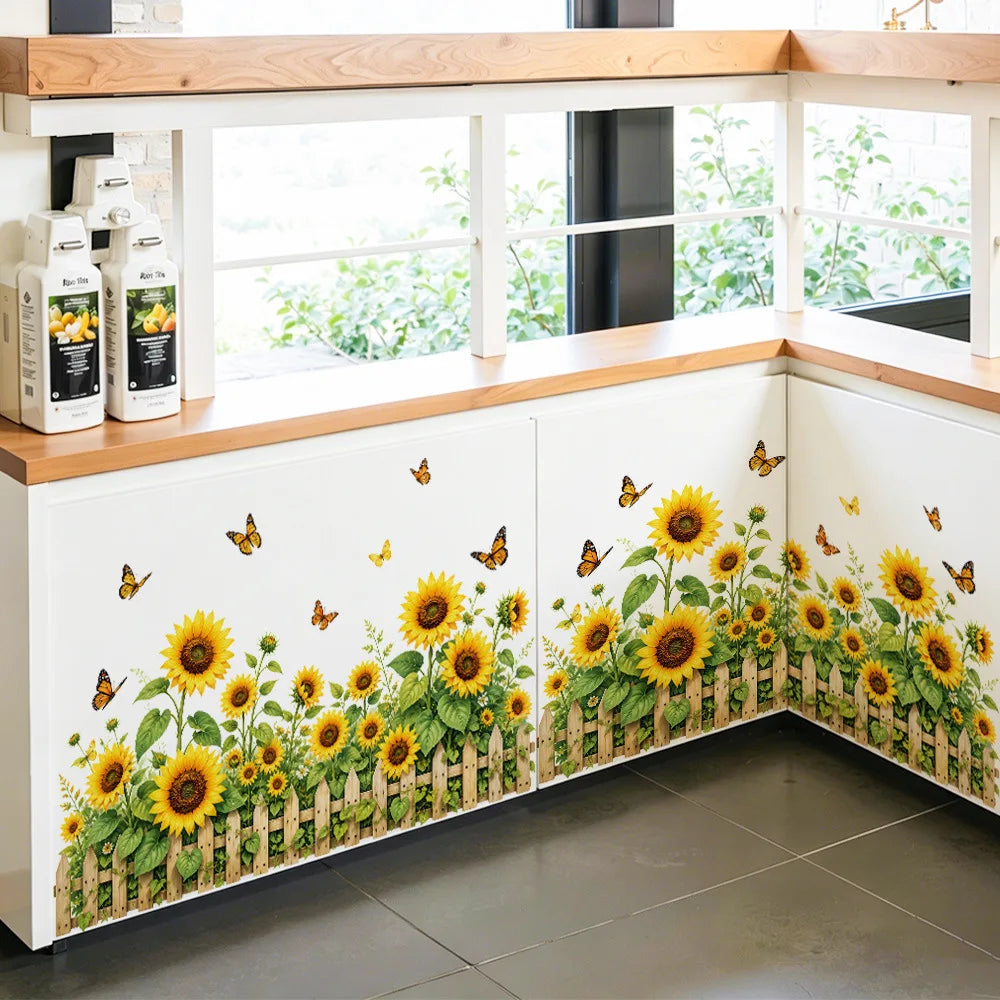 autocollants muraux tournesol papillons clôture fleurs décoration intérieure moderne blanc jaune vert marron résistants