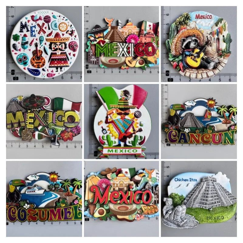 aimants réfrigérateur mexicains sombreros guitares cactus motifs floraux animaux exotiques souvenirs traditionnels multicolores