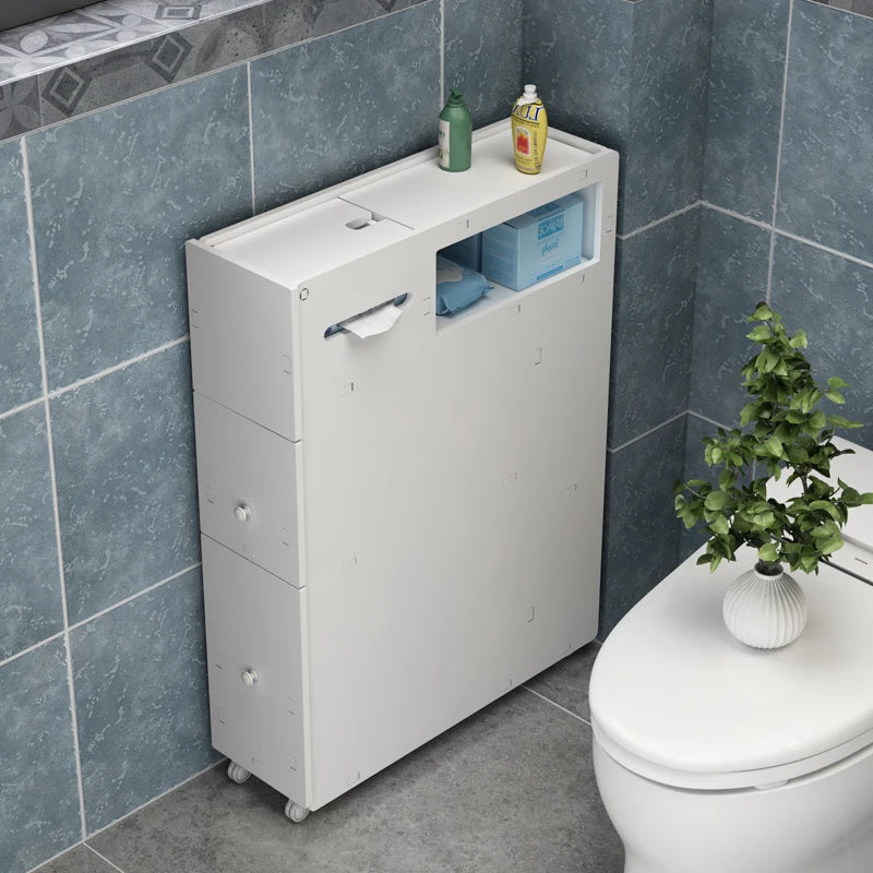 meuble rangement toilettes blanc moderne étagères réglables roulettes boîte papier tiroir poubelle indépendante