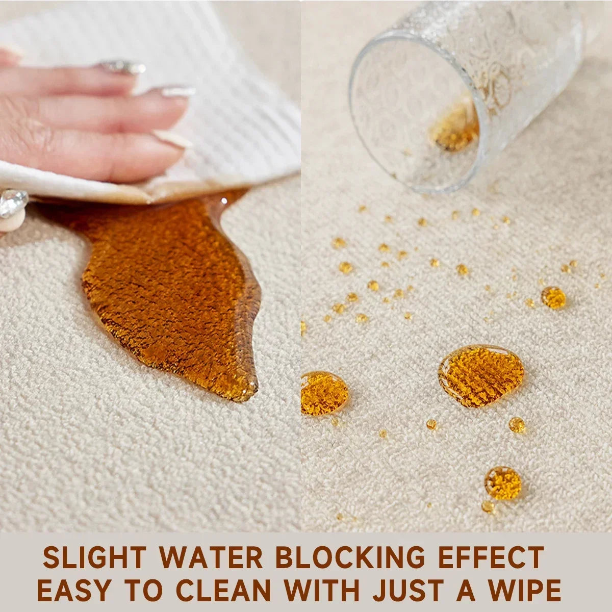 Une poudre dorée étincelle sur une surface blanche, avec un petit ustensile utilisé pour l'appliquer. Le texte indique que cet effet résiste légèrement à l'eau et est facile à nettoyer avec un simple geste.