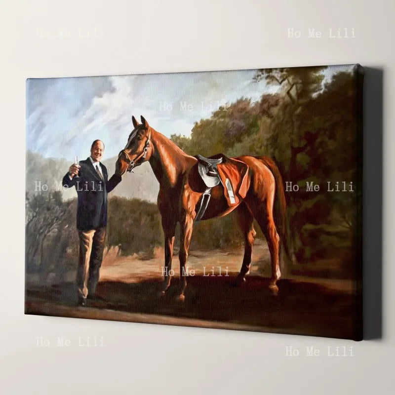 peinture toile homme cheval paysage rural marron gris bleu blanc decoration maison unique classique