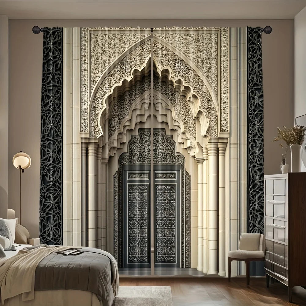 rideaux arc marocain motif architectural beige clair noir gris décoration maison islamique decoration opaque