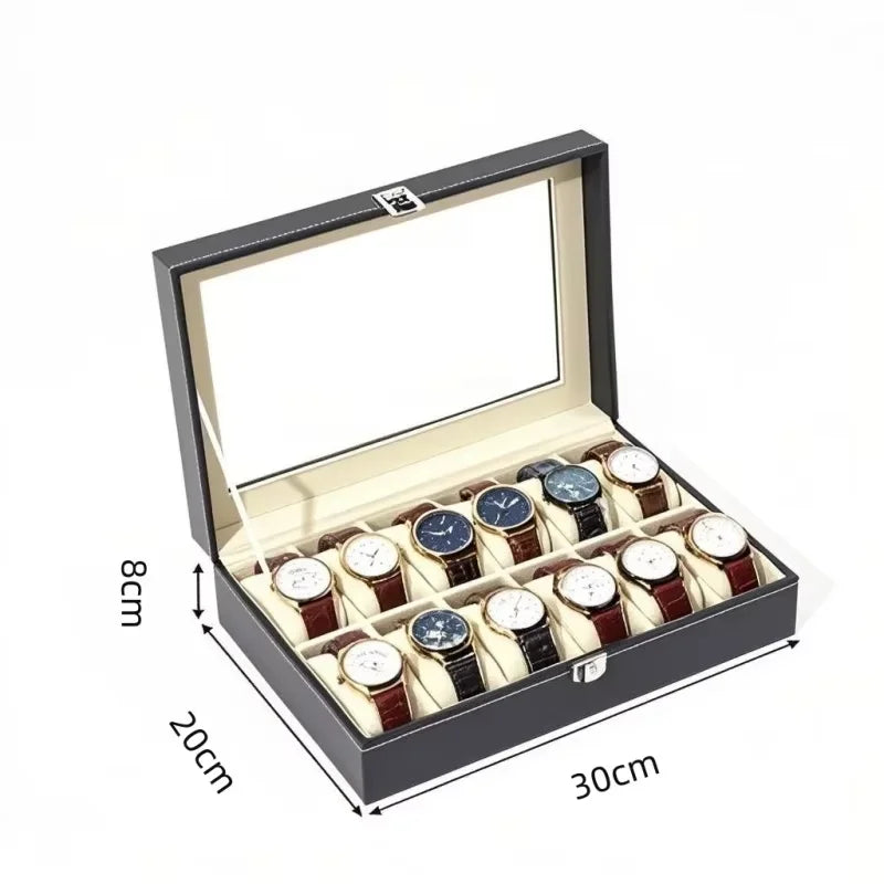 boîte rangement montres cuir noir beige classique 12 slots 30x15x11cm simili cuir cadenas