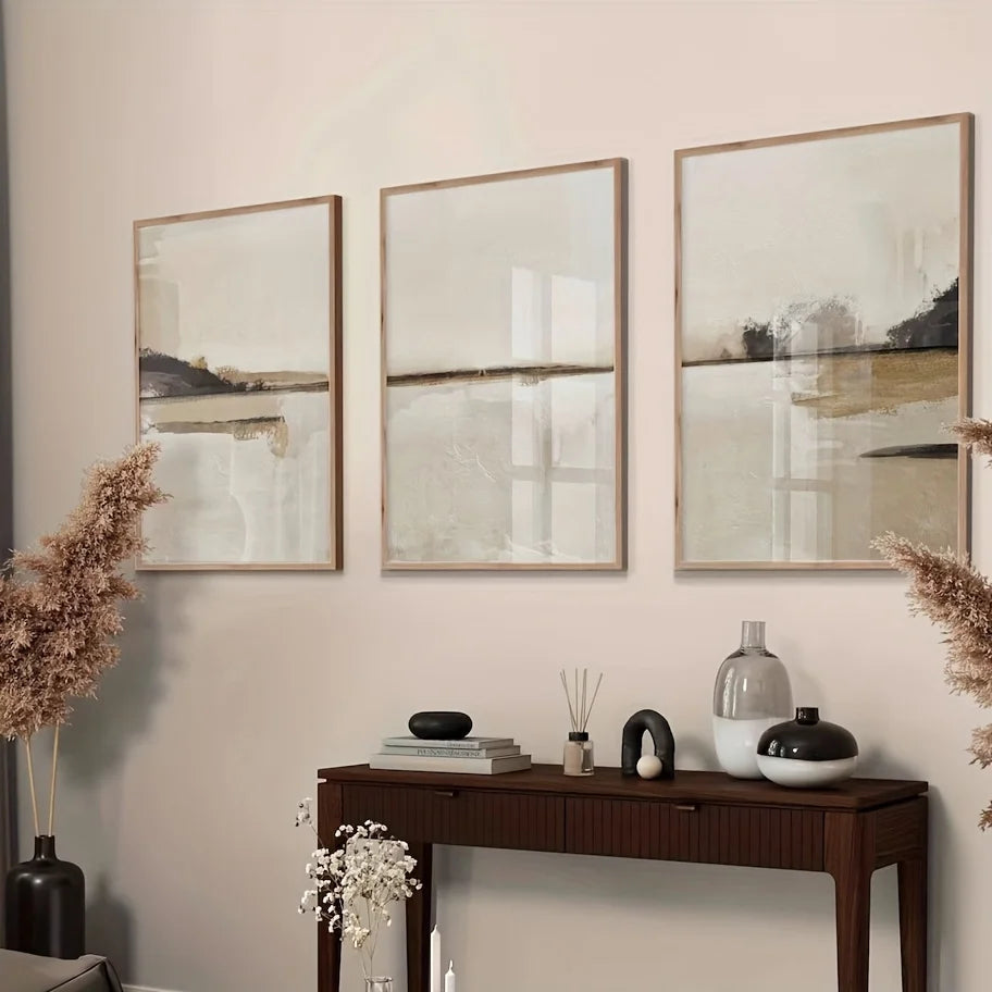 toiles d'art abstraites contemporaines beige noir gris cadre bois salon moderne decoration chambre