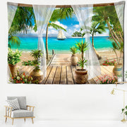 tapisserie murale paysage plage tropical palmiers voiles bateau rideaux semi transparents décoration bohème intérieure