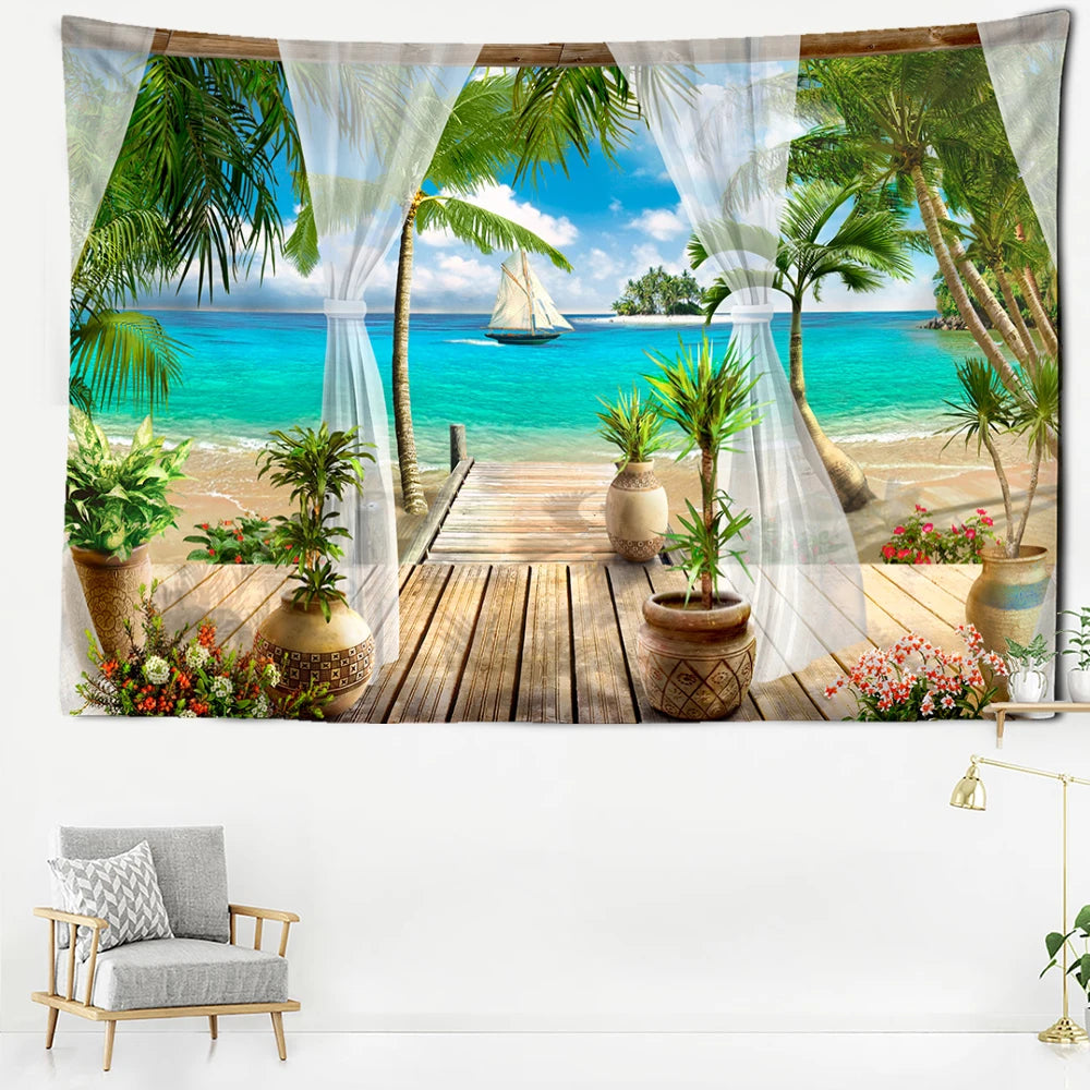 Tapisserie murale paysage bord de mer tropical décoration chambre