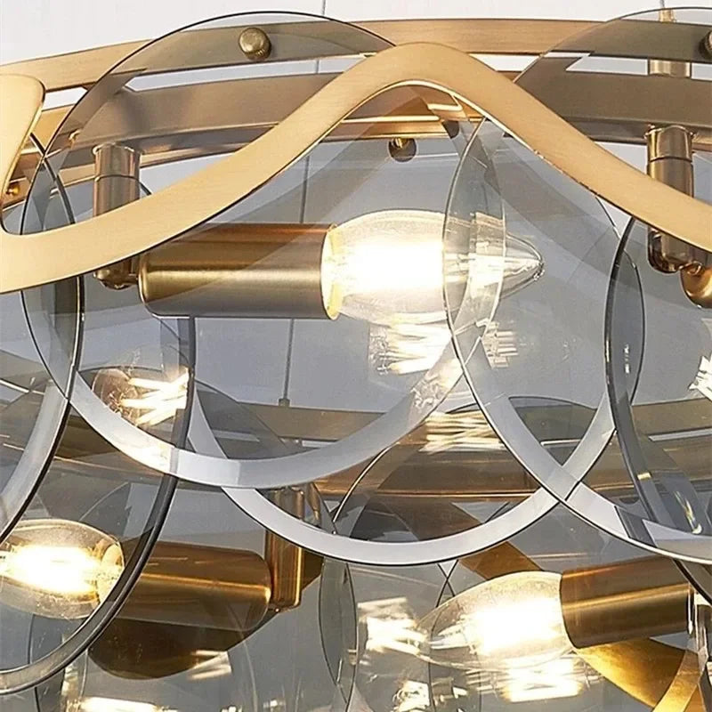 Suspension lumineuse or spirales dorées moderne sphères transparentes 60cm 80cm 95cm