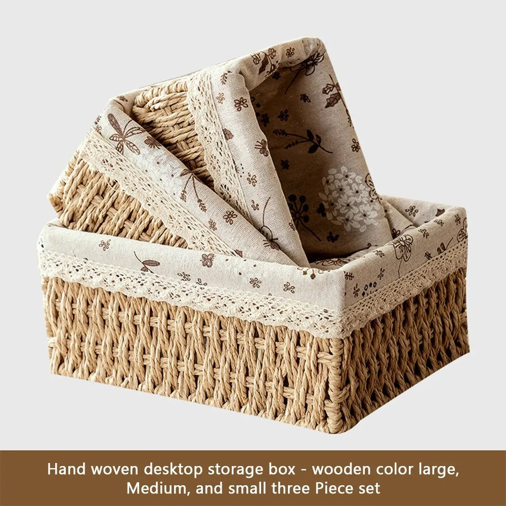 boîte rangement tissé main rustique imprimé floral couleur jaune gris marron clair multiple utilisations