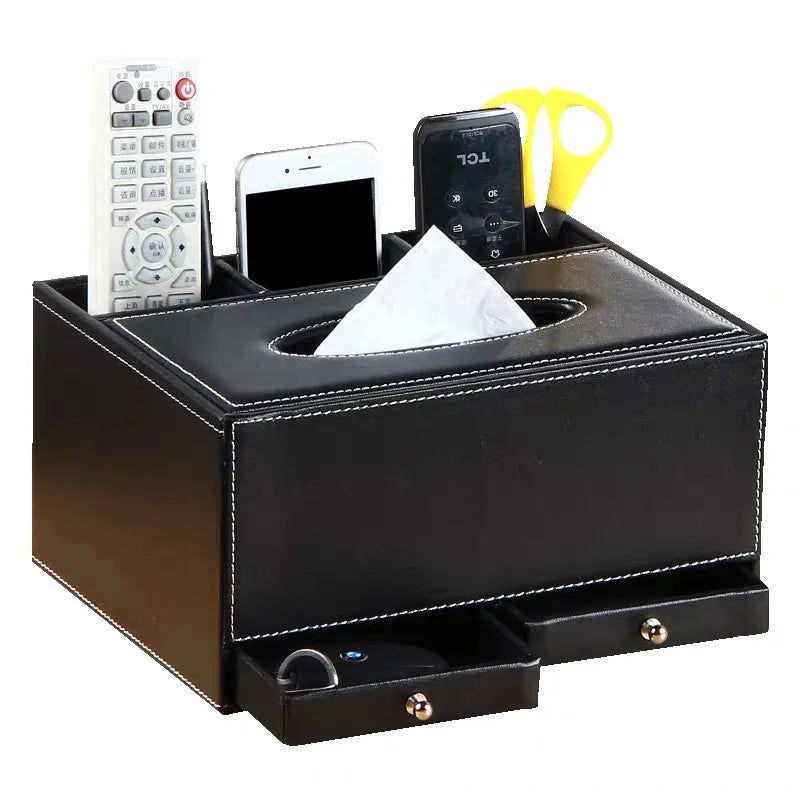 boîte rangement simili cuir noir multifonctionnelle poignées métalliques téléphone télécommandes
