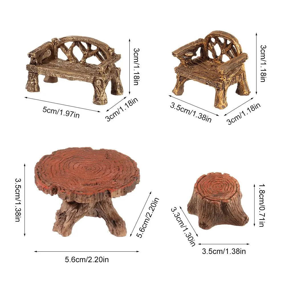 meubles jardin miniature banc fauteuil table tronc arbre champignons clôture rouge marron rustique féerique