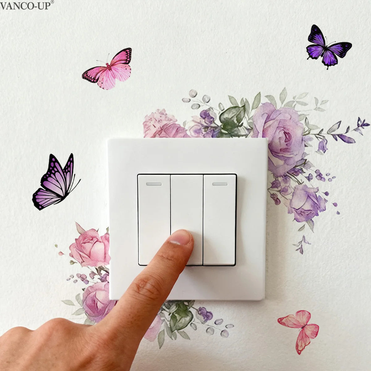 sticker mural moderne fleurs papillons adhésif décoration intérieure maison interrupteur blanc salon chambre
