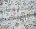 tissu coton imprimé thème marin poissons coquillages enfants blanc rose bleuclair vert