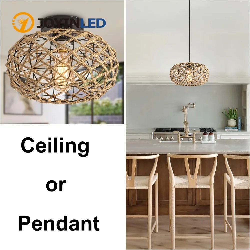 lampe suspendue tissage main cordes chanvre cadre métallique boho rustique naturel bois