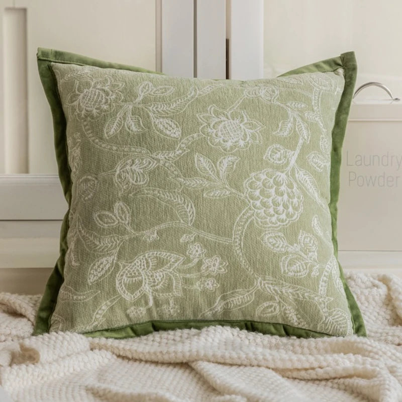 housse coussin carrée jacquard motif floral vert beige gris décoration salon chambre moderne chic
