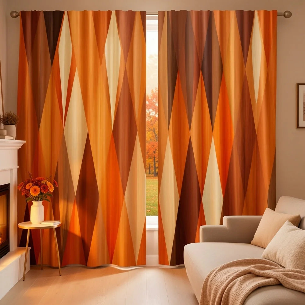 rideau imprimé géométrique orange marron salon moderne triangles opaques