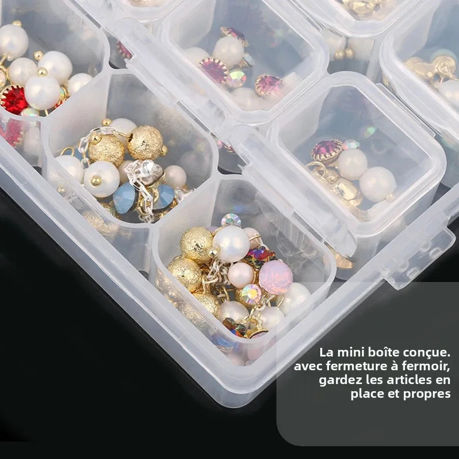 boîte rangement transparent compartiments multicolores accessoires nail art bijoux strass organisation pratique moderne