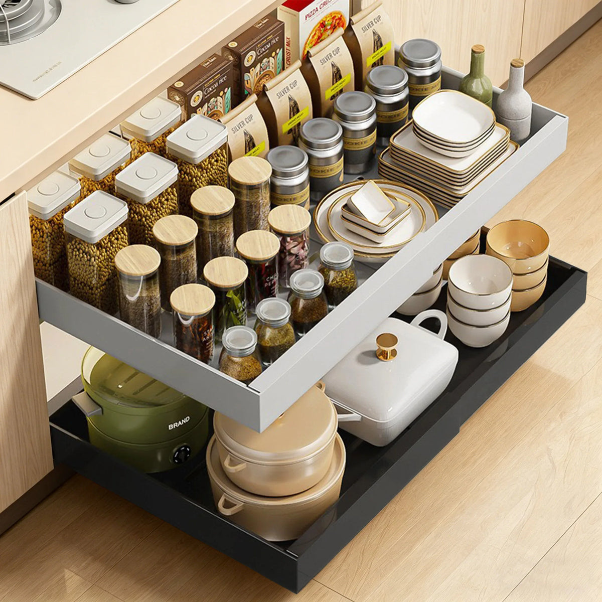 tiroir rangement cuisine blanc moderne minimaliste acier inoxydable extensible épices assiettes couvercles théière bouteilles