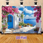 décoration murale paysage grec bleu blanc rose vue mer porte extérieure mariage anniversaire événements