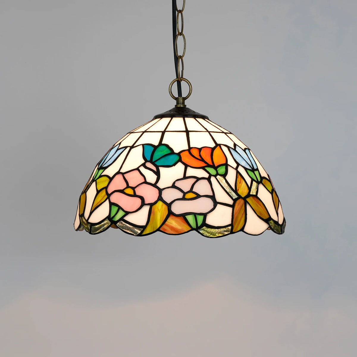 lampe suspendue tiffany fleurs stylisées multicolore rouge orange jaune vert noir adjustable chambre cuisine