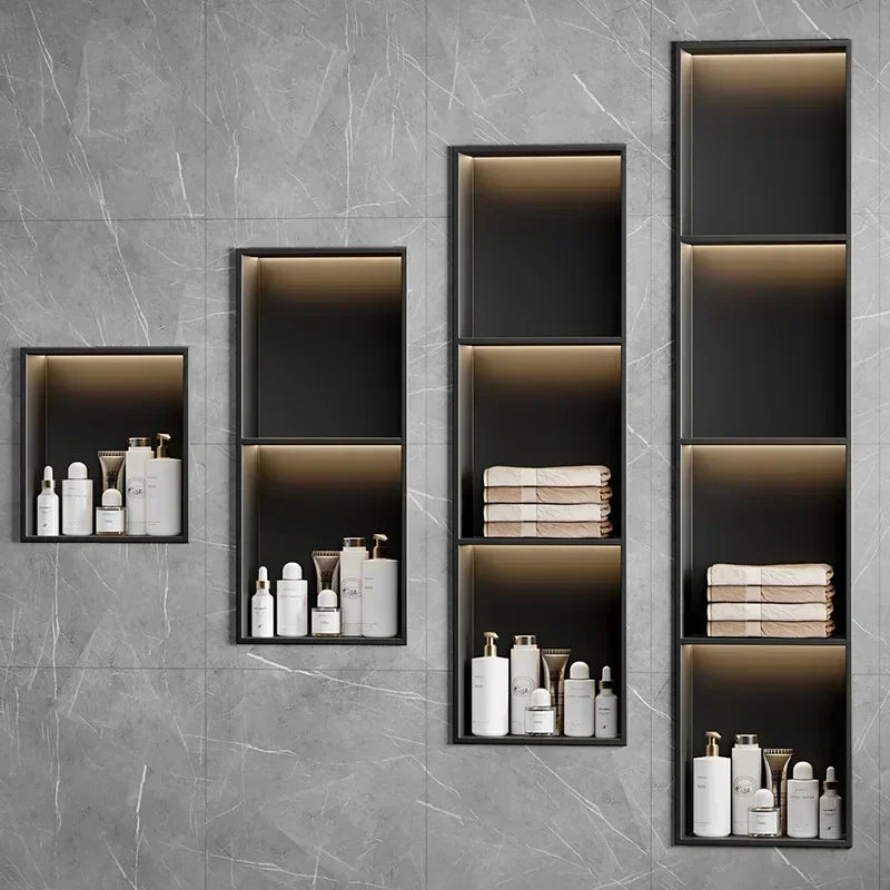 étagère murale salle bain noire moderne acier inoxydable produits cosmétiques serviettes