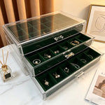 boîte bijoux transparente verte moderne velours compartiments poignées rangement colliers boucles doreilles alliances