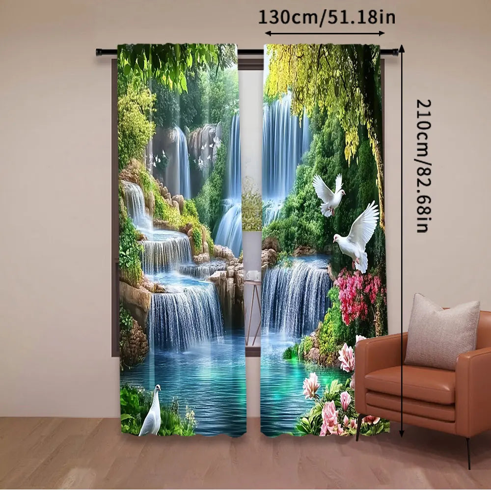 rideau naturel cascade végétation oiseaux blancs roses fleurs verte bleue marron pastoral 105x230cm