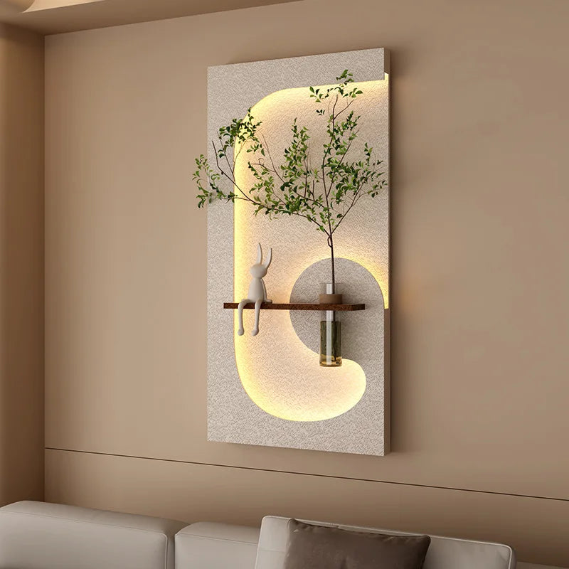 tableau mural moderne lampe led plante verte motif abstrait bois couleur beige vert marron