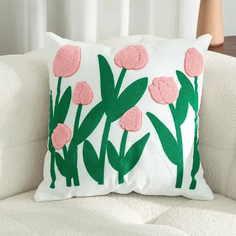 Coussin Carré Coréen Anti Décubitus Coton Polyester Tricot Fleur Brodé Amovible Lavable Moderne