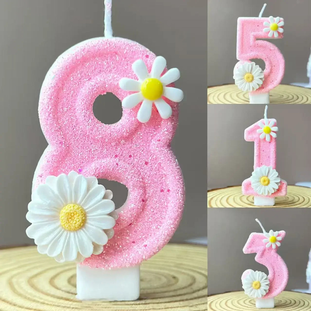 bougies numériques décoratives chiffres fleurs marguerites rose blanche pailletées tringle anniversaire enfantin