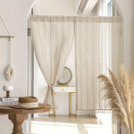 rideau bohème beige rayé translucide champêtre tringle rideau inclus(franges décoratives)