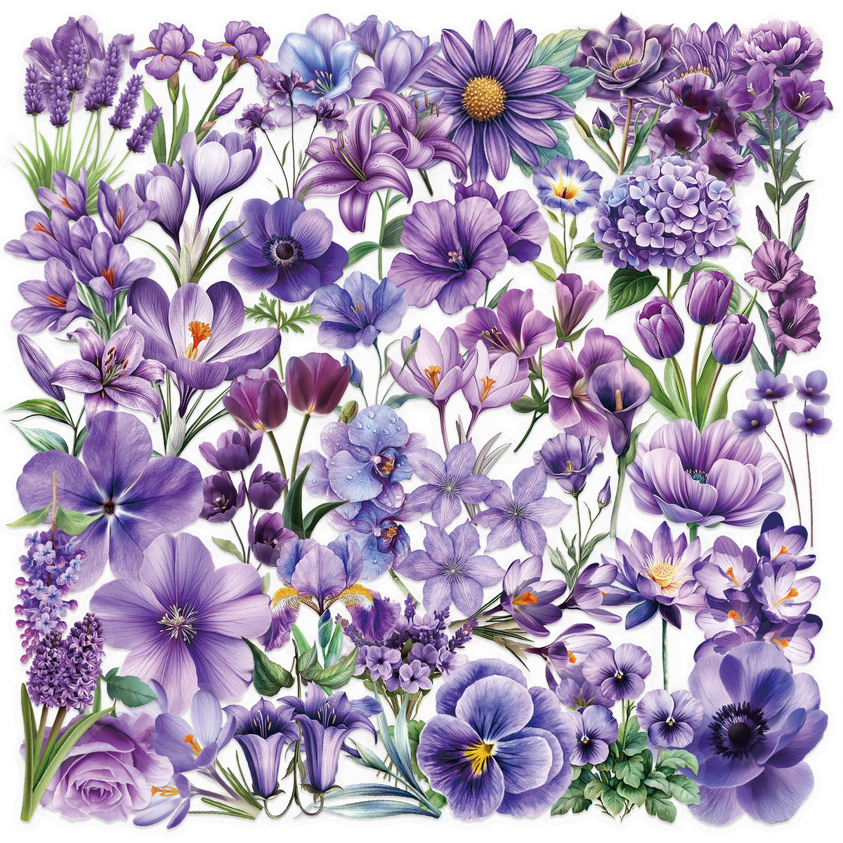 sticker adhésif fleurs violettes vertes décoration creative étanche diy 50 pièces illustration romantique