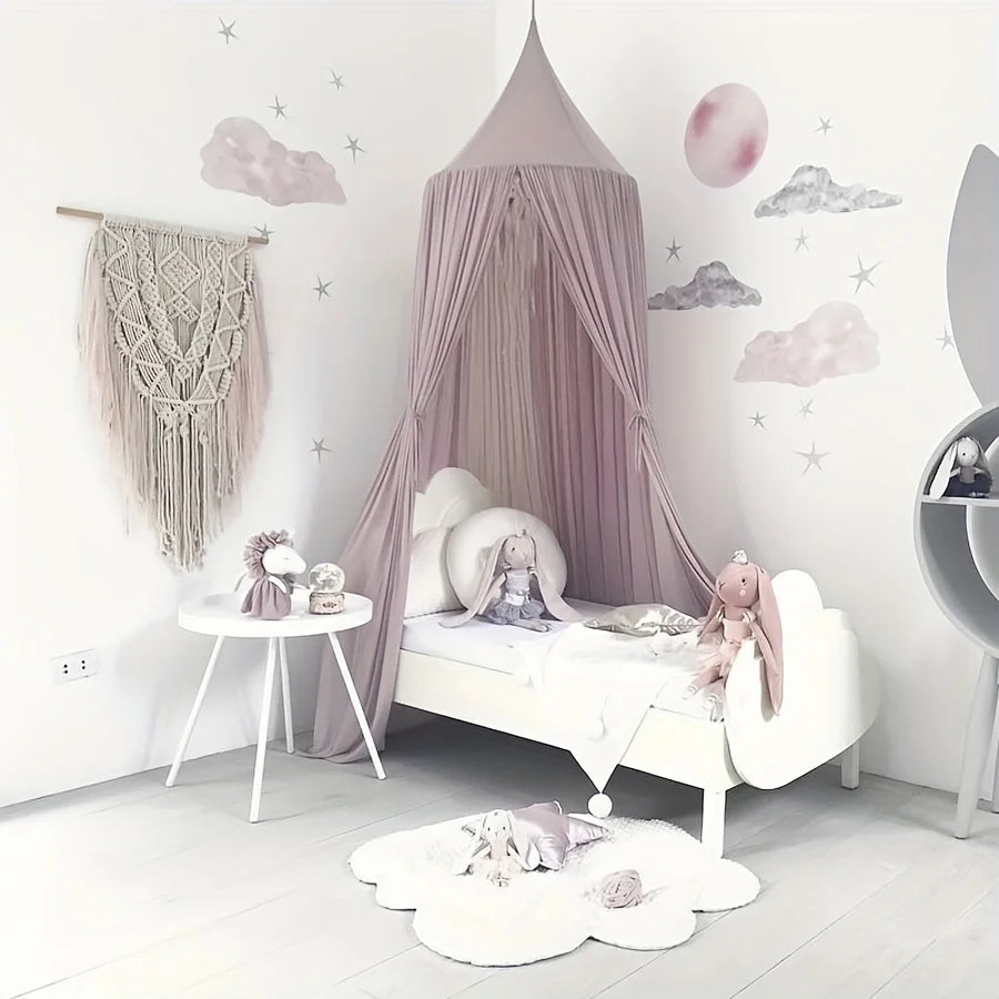 canopée lit enfant polyester gris blanc jaune rose motif floral moderne anneaux vis suspension