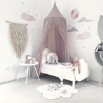 canopée lit enfant polyester gris blanc jaune rose motif floral moderne anneaux vis suspension