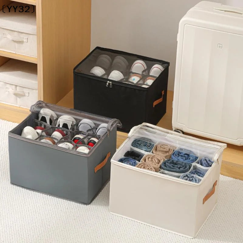 boîtes rangement chaussures tissu polyestère transparentes poignées cuir moderne 12 compartiments gris beige noir