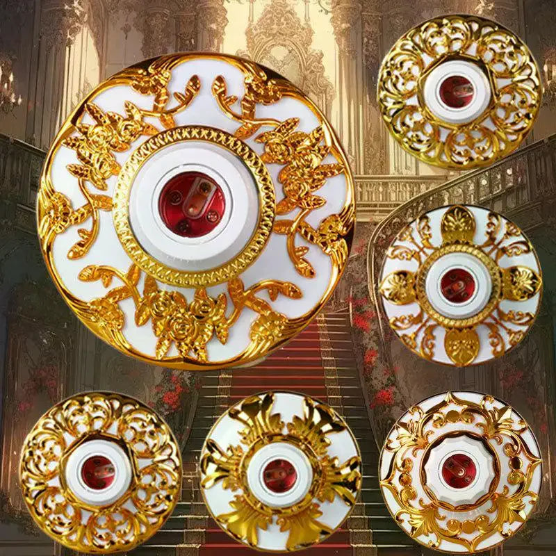 suspension lampe plaque métal ornementation florale baroque blanc doré rouge prise électrique