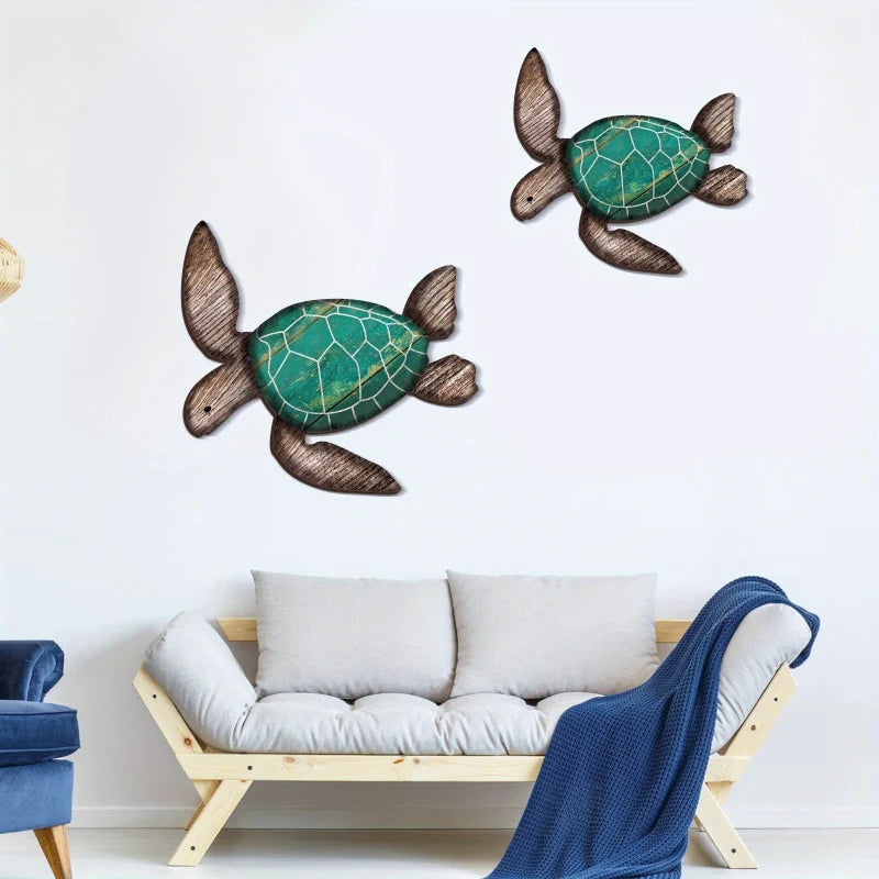 décoration murale sculpteur tortues bois vert brun artisanal rustique maison plage vintage