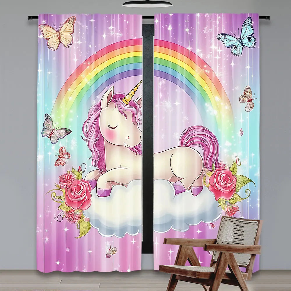 rideau licorne arc ciel rose blanc bleu violet fantaisie enfantin polyester deux pièces