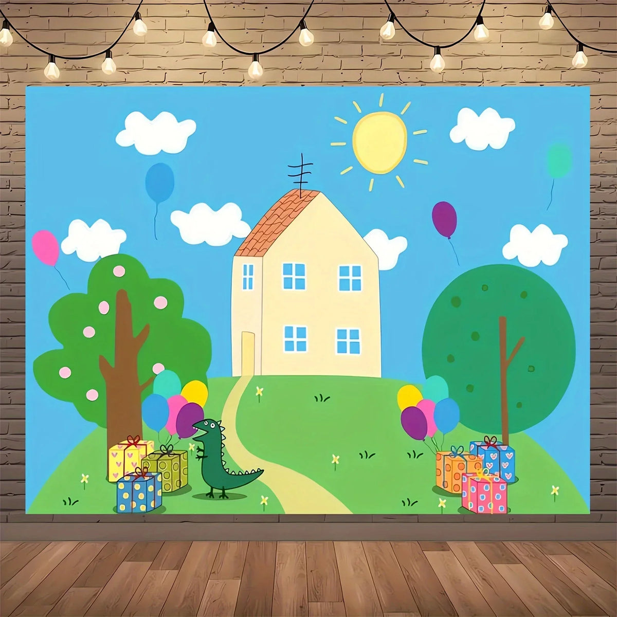 décoration anniversaire toile fond paysage cartoon ballons cadeaux arbres maison festive