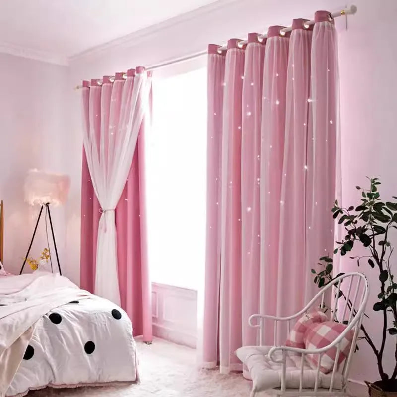 rideau double couche voile opaque motif étoiles blanches moderne romantique fenêtre salon maison