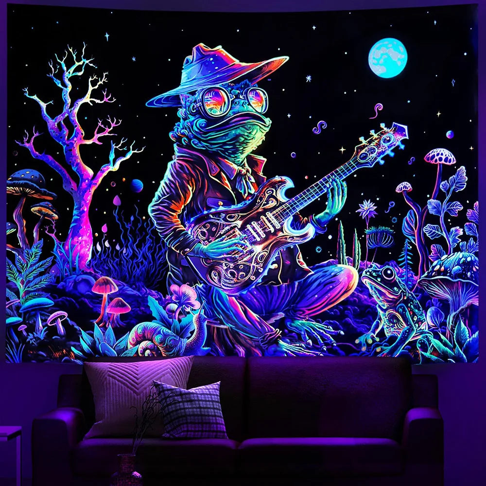 tapisserie murale psychédélique astronaute alien champignons fleurs décor chambre maison art contemporain multicolore