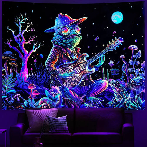 tapisserie murale psychédélique astronaute alien champignons fleurs décor chambre maison art contemporain multicolore