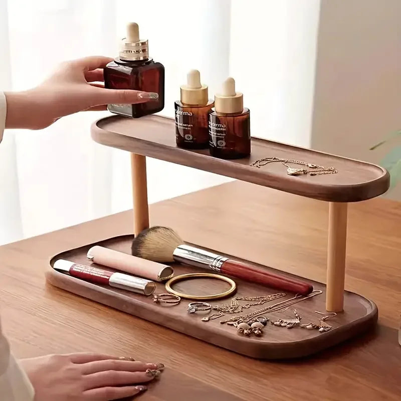 étagère deux niveaux bois naturel rangement cosmétiques maquillage accessoires organisation meuble moderne minimaliste